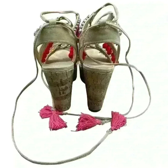 Charlotte Russe embellished Pom Pom WEDGE HEEL LACE UP SANDAL 8 - Picture 5 of 5